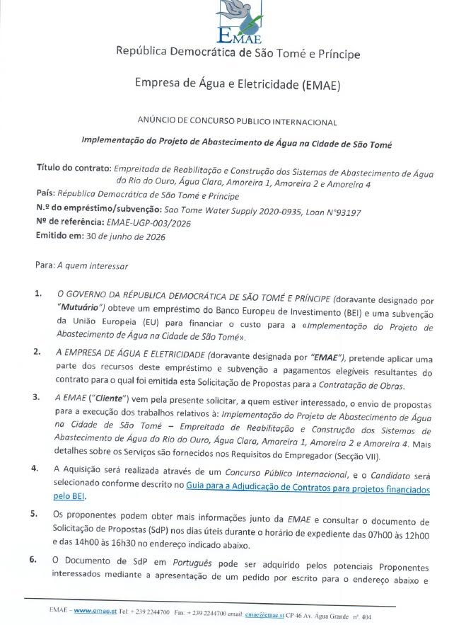 Concurso Público Internacional para Projeto de Abastecimento de Água