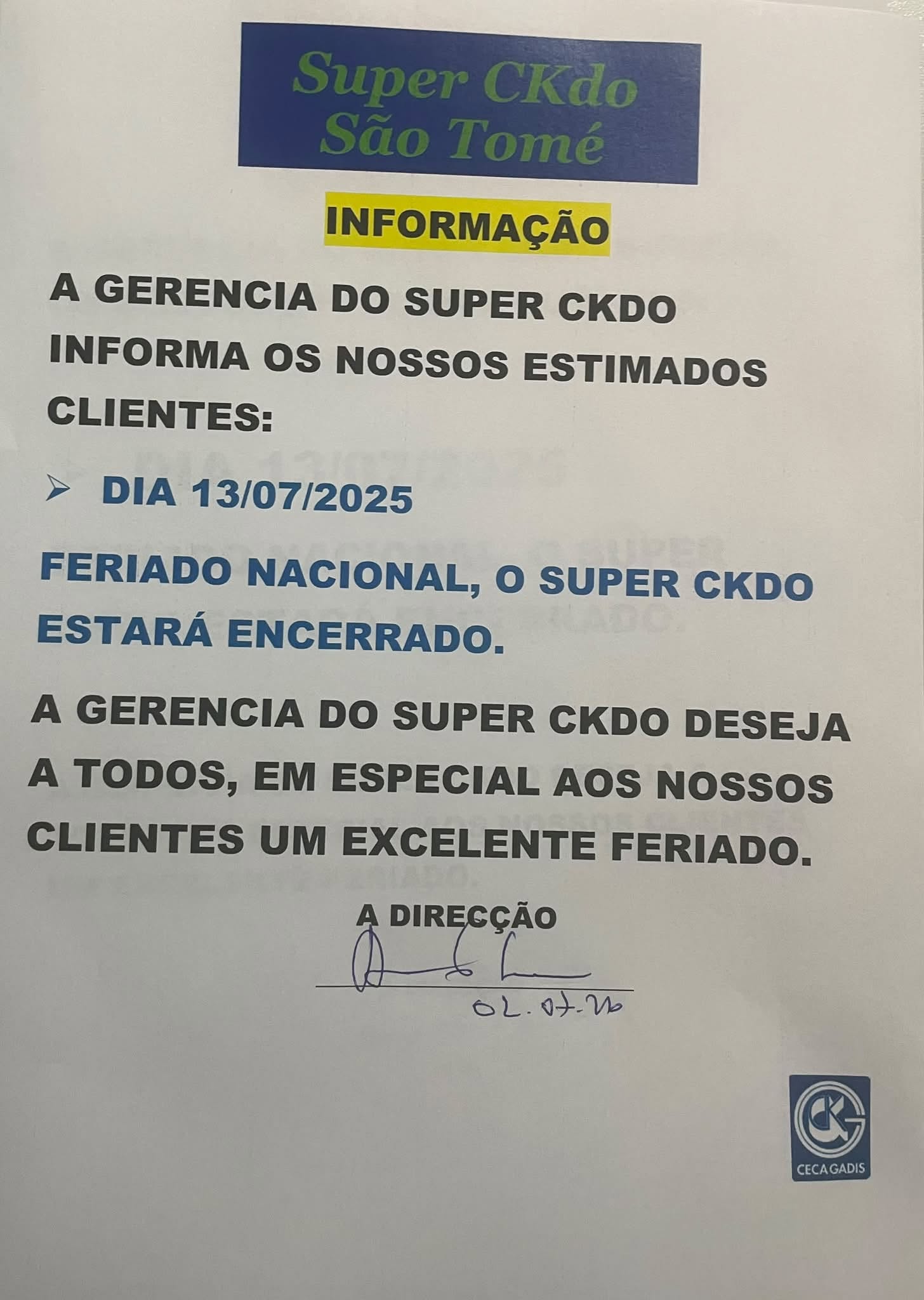 Aviso de encerramento por feriado