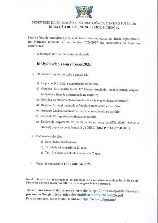 Bolsas de estudo para Marrocos 2026/2027