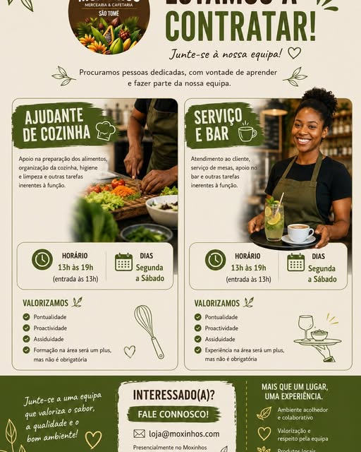 Oportunidade de Emprego: Ajudante de Cozinha e Serviço e Bar