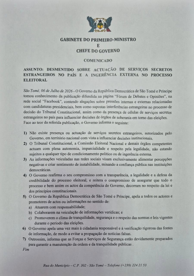 Comunicado do Gabinete do Primeiro-Ministro sobre o processo eleitoral