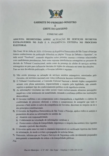 Comunicado do Gabinete do Primeiro-Ministro sobre o processo eleitoral